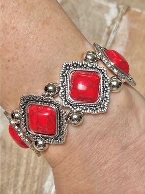 Silver-Tone Bracelet with Red Faux Turquoise Stone Accents